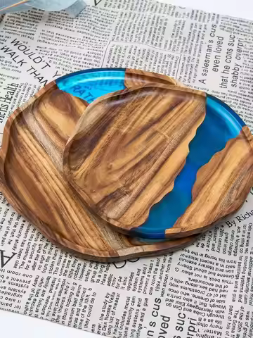 Acacia wood epoxy resin craft tray; tea tray; round plate; resin river; fireplace tray; home light l