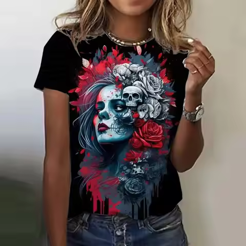 Plus Size Casual Harajuku O-Neck Tops Short Sleeves T-Shirts 3D Printed Rose Skull T Shirt for Women