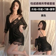 A49- (黑色) 蕾絲吊帶裙套裝 睡衣 睡裙 純欲情趣內衣 性感挑逗蕾絲裙 誘惑睡衣 透視顯胸吊帶套裝 家居睡裙