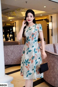 Đầm váy họa tiết chiếc lá tay búp sen dáng A bồng Linh Chi House