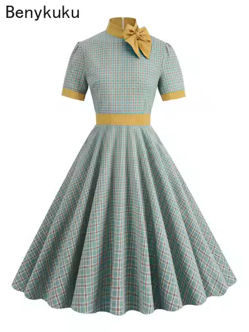 Bow Tie Neck Plaid High Waist Pocket Vintage Elegant Dress Autumn Winter Office Outfits Women 50s Ro