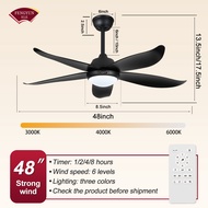 FENGYUN พัดลมเพดานรีโมทคอนโทรลพร้อมไฟ ไฟ LED 3 สีขนาด 48 นิ้ว ใบมีดแบบหมุนกลับได้ ตั้งเวลาความเร็วได