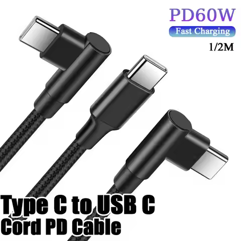 1PCS 90 Degrees 0.3m/1m/2m 60W3A Quick Charger 90 Degrees USB Type C to USB C Cord PD Cable Connecto
