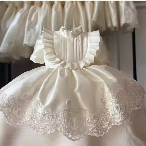 0-12Y Baby Girl Summer Vintage Turkish Spanish White Dress with Big Bow for Baptism Birthday Party H