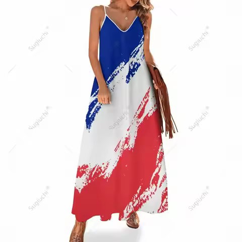 Long Dresses Dress France Flag Print New Casual Sleeveless Women's V-Neck Printed Dress Swing Retro