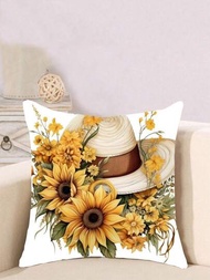 新款鄉村風向日葵帽子&amp;桶&amp;蝴蝶印花柔軟靠枕套,適用於客廳沙發椅背墊套,禮物,1件