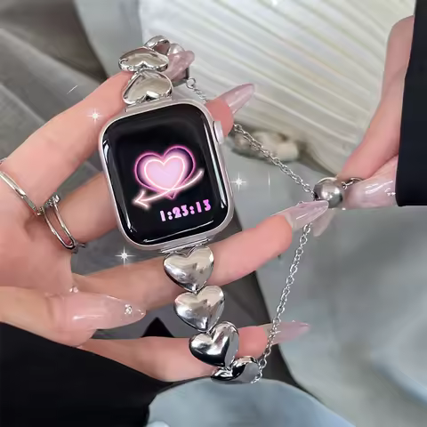 Y2K Luxury Metal 3D Love Heart Strap For Apple Watch 10 9 8 7 6 SE Stainless Steel Band For iWatch B
