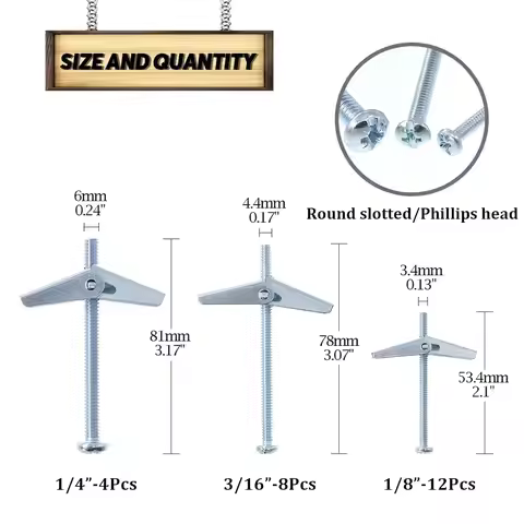 Heavy Duty Hollow Wall Anchors for Drywall Carbon Steel 24Pcs Toggle Bolts and Wing Nut Kit Hollow D