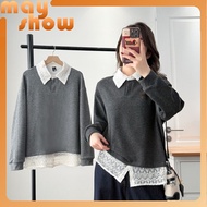 XL~4XL Meixiu Dress Camp Large Size Women's Spring Sweatshirt Women Lace Fake Two-Piece Lapel Top Fa
