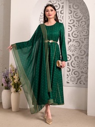 SHEIN Mulvari 燙金波點印花拼接邊印度民族風洋裝