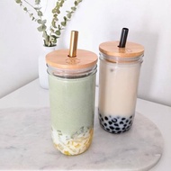 600/800ml Mason Jars for Drinking Cup Bubble Tea Glass Cup Set with Bamboo Lid Reusable Boba Smoothi