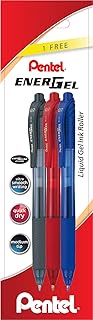 Pentel - Blister pack of 3 Energel retractable ballpoint pens with ball-tip. Writing in black, red and blue