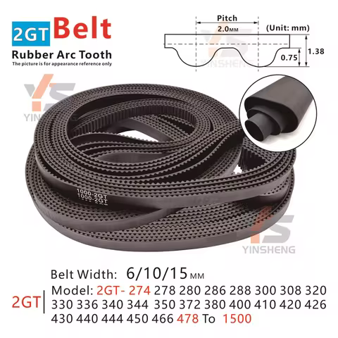 274-1500mm, 2GT Timing Belt, Model 274-2GT, 278-2GT, 280-2GT, 286-2GT to 1500-2GT, for DIY/CNC/3D pr