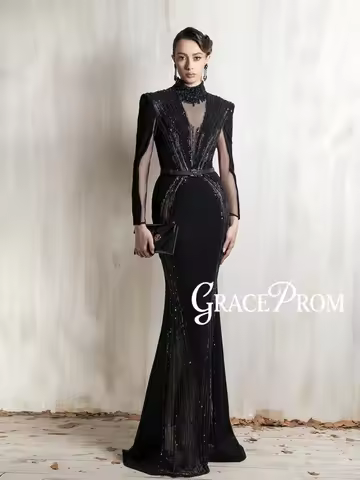 Opulent Black Beaded Mermaid Prom Dress High Neck Long Sleeve Sheer Shiny Evening Gown For Red Carpe