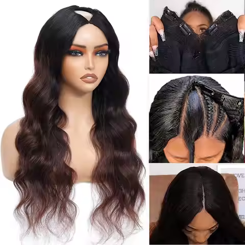 V Part Wig Human Hair Body Wave No Leave Out No Glue Brazilian Ombre 1B/33 Reddish Brown Color Half 