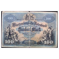 1911年德意志帝國符腾堡(Wurttenberg)徽號及工商教育豐收小天使100馬克(Silver Mark)銀票(手簽, 保真)