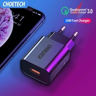 CHOETECH สายชาร์จเร็ว Quick Wall Charger 3.0 18W USB Charge foriphone huawei samsung Xiaomi Redmi Fast Wall Charger EU/US QC3.0 Adapter Phone Charger