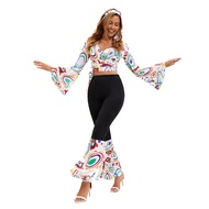 <[cosplay] Retro 70s Disco Stage Performance Outfit - Printed Top & Trousers Suit