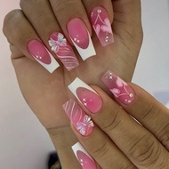 Y2K 10 Pcs Handmade Press On Nails Long Ballet Abrazine Fake Nails,French White Edge,Pink Nails Pres