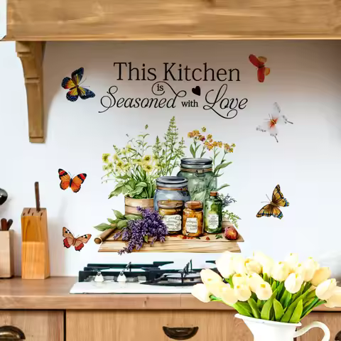 Kitchen Herbs Cooking Art Butterfly Flower Kitchen Quotes Wall Stickers Art Home Decorations Wall De