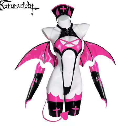 KORURACLUB Cosplay Love Heart Succubus Lingerie PU Leather One Piece Bodysuit For Women (6-PIECE SET
