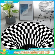 In stock-Vortex Illusion Rug 3D Trap Effect Bottomless Hole Carpet Round Black White Grid Room Bedroom Anti-Slip Floor Mats