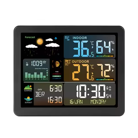 FJ3566M Smart Weather Station with Clock Indoor and Outdoor Temperature Humidity Meter Color Screen 