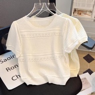 [1399 People Collection]french styleHollow Short Top White Ice Silk Sweater Women Short-Sleeved T-Sh