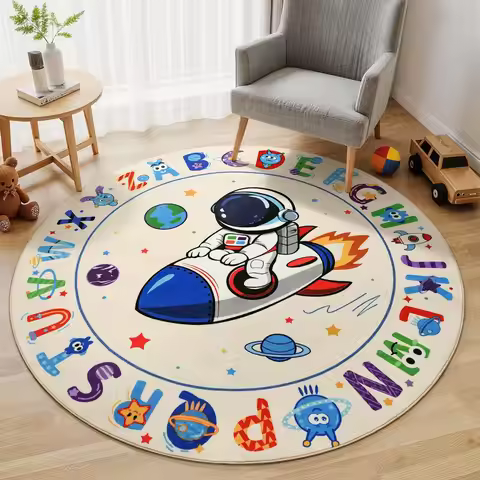 ABC Kids Alphabet Round Rug Washable Soft Nursery Rug,Non-Slip Educational Carpet with Space Astrona
