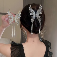 Korean Fashion Hair Clip Butterfly Decorated With Diamonds Pearl Hanging Strap Size 18.5x8 cm. Shiny