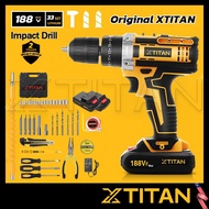 【COD】Xtitan 188V Cordless Impact Drill Set 2 Battery Hand Impact Drill Bateri Screwdriver Hammer Dri