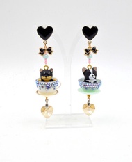 黑色哈士奇牧羊犬茶杯耳環 綴施華洛水晶石心型Swarovski crystal