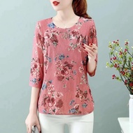Women Blouse Plus Size Fashion Floral Round Neck Sleeve Top