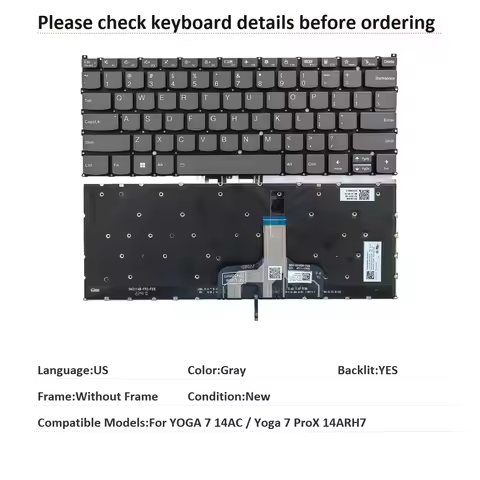 New US Language Backlit Keyboard For Lenovo YOGA 7 14AC / Yoga 7 ProX 14ARH7 Notebook PC Replacement