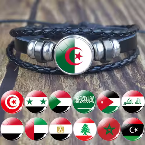 Arab Countries Flag Black Multi-Layered Braided Bracelets Saudi Arabia Palestine Algeria Egypt Flag 