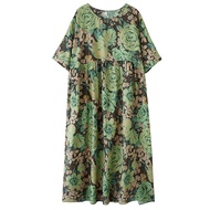 XITAO Print Floral Pleated Dress Casual Loose Fitting Bohemian Style O-neck A-line Slimming Summer W