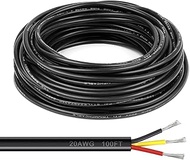 20 Gauge Electrical Wire 3 Conductor, 100FT Black PVC Case Stranded Low Voltage LED Cable, 20 AWG 3Pin Tinned Copper Hookup Wire, Flexible Extension Power Cord for LED Lamp Lighting Strips Automotive