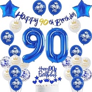 90th Birthday Decoration Man, Blue Banner 90th Birthday Garland Decoration 90th Man Gold Balloons 90