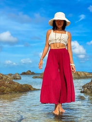 紅色棉質長褲 棉質長褲 條紋長褲 寬管褲 寬鬆長褲