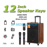 BAAB B-Q12 Karaoke Wireless Bluetooth Wooden Speaker 12 inch Troli Profesional with 2 Wireless Micro