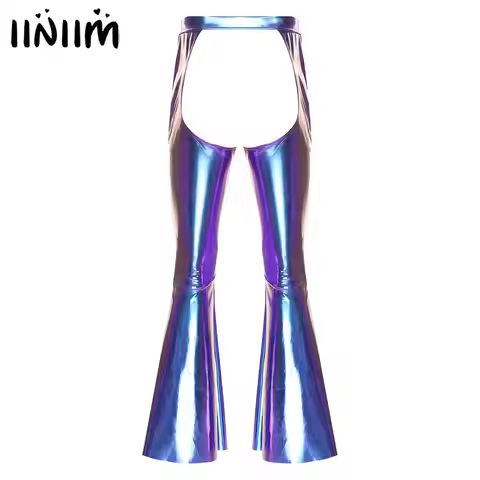 Mens Lingerie Open Crotch Metallic Chaps Flared Pants Elastic Waistband Bell-Bottom Trousers Club St