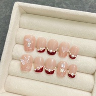 【HANDMADE】Artificial Nail Icy Butterfly French Pearl Necklace Phototherapy Nails Fake Nails Reusable