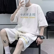 National Fashion Creative Text Print Round Neck Short Sleeve T-shirt Men's and Women's Straight Shorts Couple Sports Suit Trendy Large Breathable Comfortable Relaxed Two Piece Set