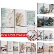 （With Frame）Large Size 50x70cm Frame 3PCS Nature Landscape Poster Dry Reed Mountain Range River Canv