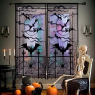 1/2pcs, Halloween Decoration, Halloween Curtains (84 X 40 Inch), Black Bats Halloween Lace Window Cu