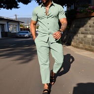 Men's Casual Solid Color Short Sleeve Shirt And Drawstring Waist Long Pants Set, Suitable For Daily 