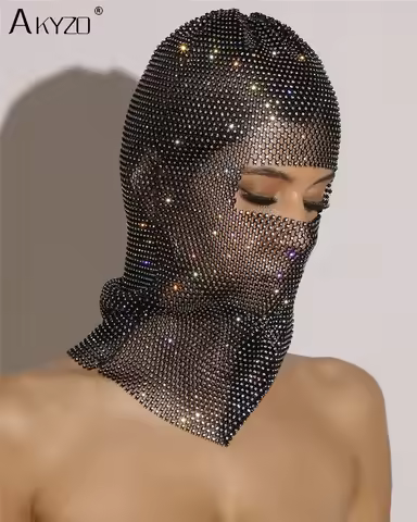 Y2K Balaclava Sparkly Diamonds Hat Turban Women Hollow Fishnet Rhinestone Headhood Club Rave Party H