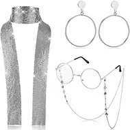 TAKARAM ONO 70s Disco Outfit Accessories for Women Girls,Bling Scarf Geometric Earrings Beaded Eyeglass Chain(3 PCS)