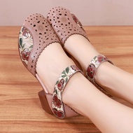 รองเท้าผู้หญิงส้นสูงปานกลางหนังแท้รองเท้าแตะลายดอกไม้สวมใส่สบาย