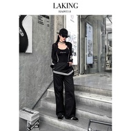 LAKING —LONG BLACK PANTS WITH CREAM GRAY EDGE (S705Q3)